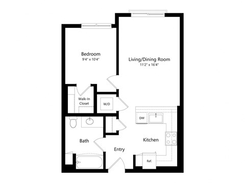 Floor plan for 1 bed, 1 bath, 628 sqft
